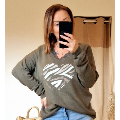 PULL COEUR KAKI