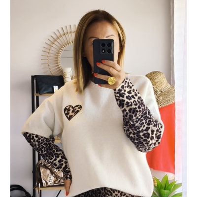 PULL SAMY LEOPARD BLANC